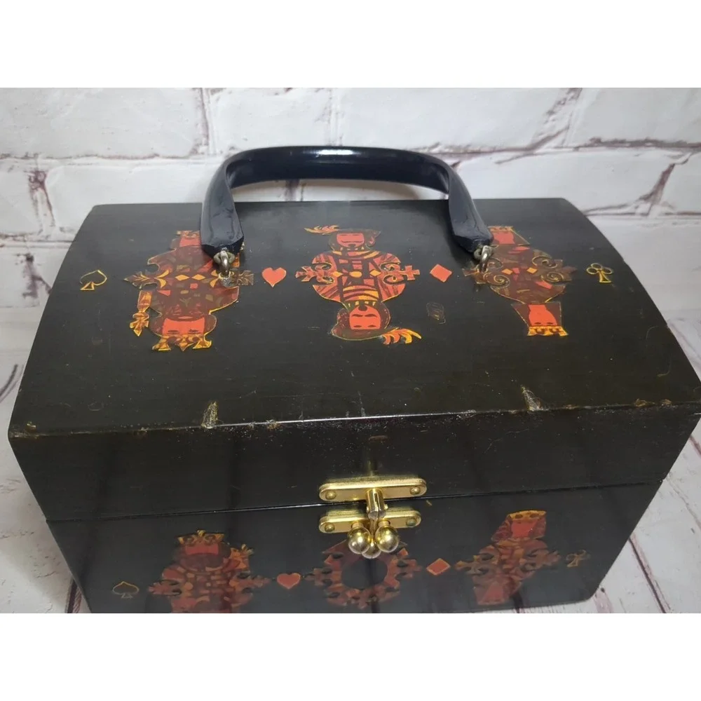 VTG 1960s 1970s Wooden Purse‎ Decoupage Face Cards Box Plastic  Handle